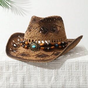 Brown Beaded Women's Cowboy Hat